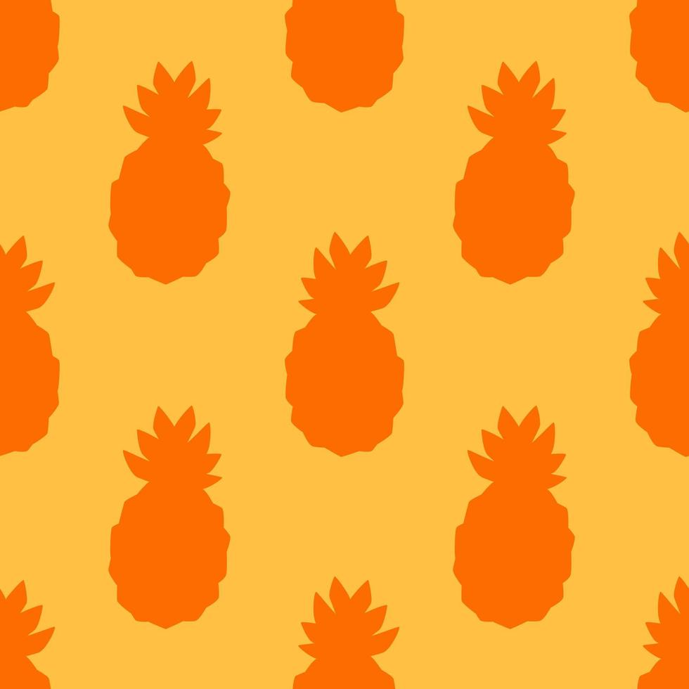 modello senza cuciture tropicale di ananas arancione, in stile design piatto. frutti di ananas disegnati a mano su sfondo giallo, semplice design estivo ripetuto vettore