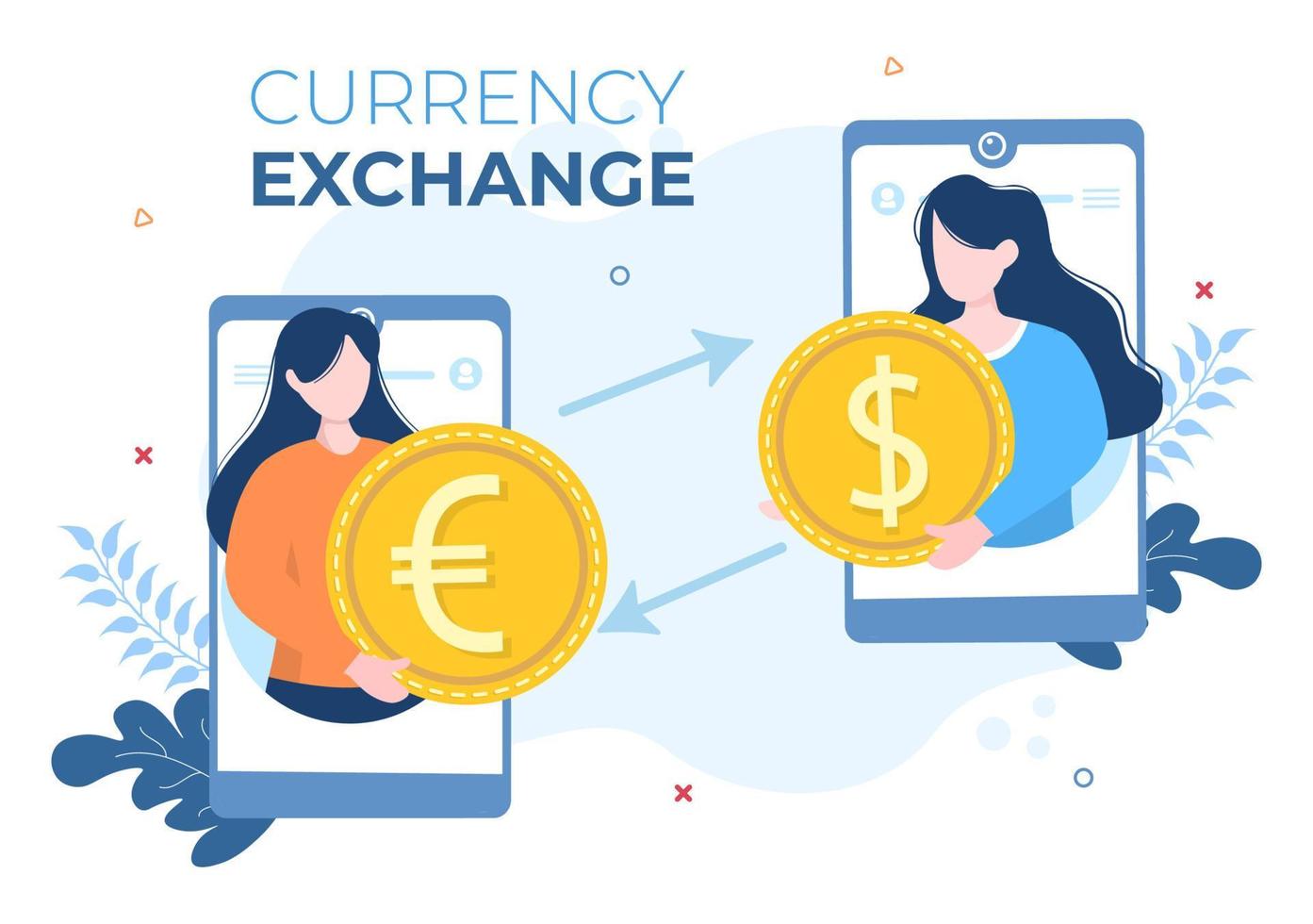 servizi di cambio valuta mondiale illustrazione di cartoni animati applicazioni di economia online per crittografia, euro, dollaro con codice di transazione vettore