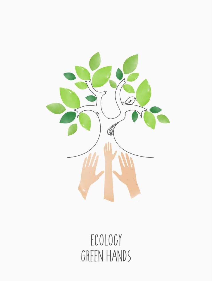 concetto di pianeta ecologico. eco con albero verde, mani per salvare l'ambiente, salvare un pianeta verde pulito, concetto di ecologia. carta per la giornata mondiale della terra. giornata della terra, 22 aprile disegno vettoriale. vettore