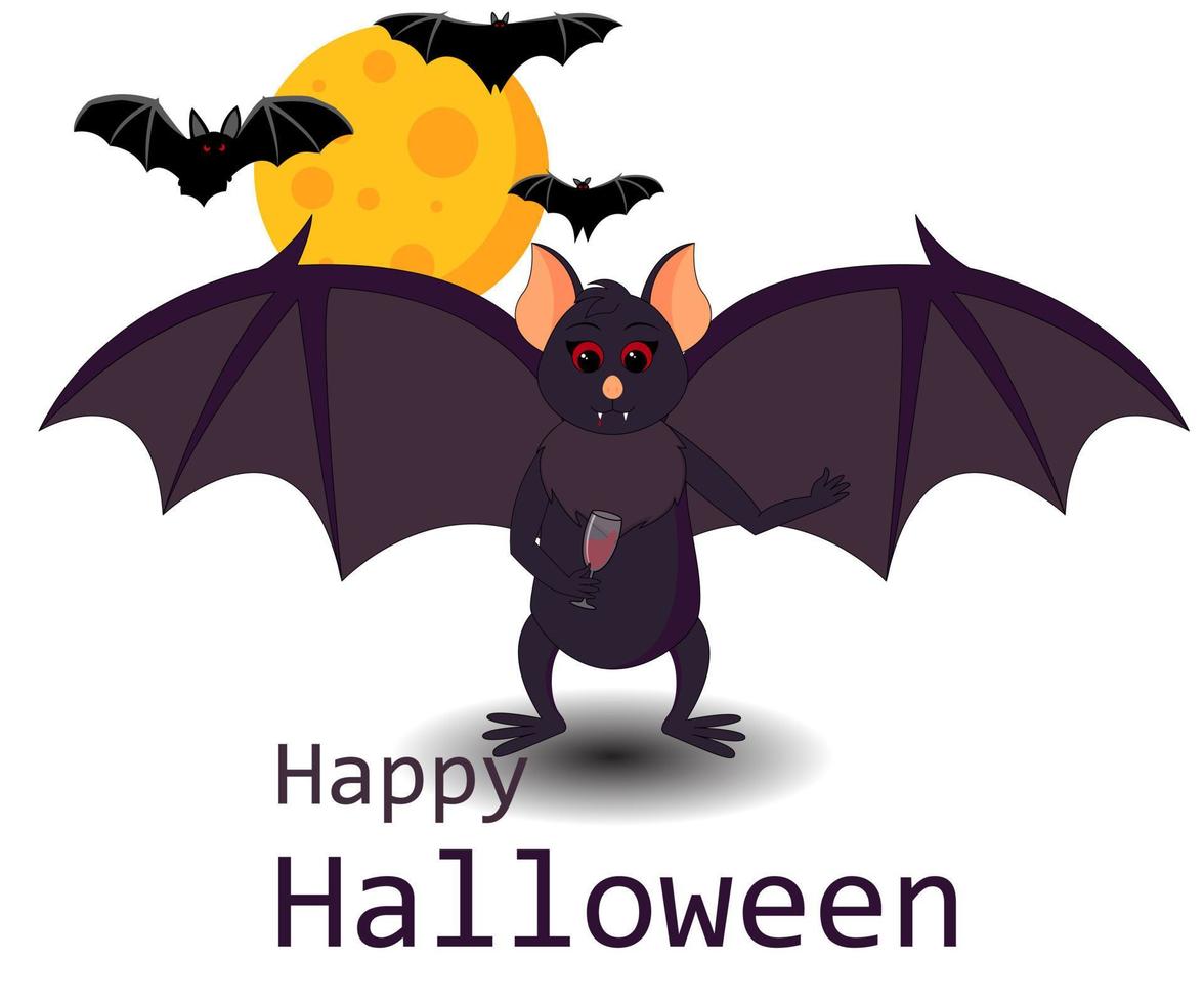 illustrazione spettrale di vettore. cartone animato carino pipistrello vampiro con un bicchiere di sangue. i pipistrelli. grande luna. felice testo di halloween. isolato su sfondo bianco. vettore