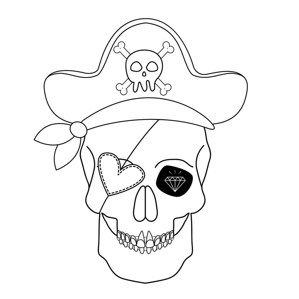 figura teschio pirata con cappello e benda sull'occhio. schizzo per un tatuaggio. pagina da colorare. illustrazione vettoriale isolato su sfondo bianco