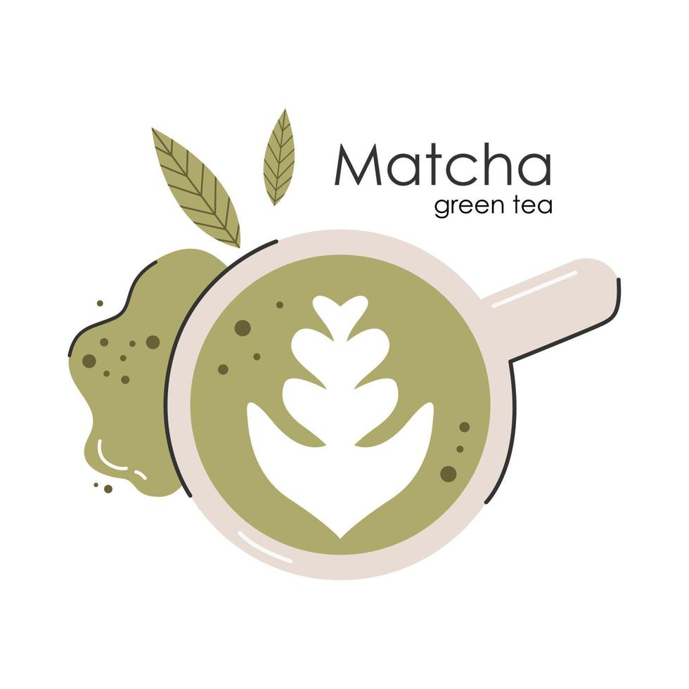 tè verde matcha. cultura del tè giapponese. matcha latte è una bevanda salutare.logo per il tè matcha. illustrazione di moda a colori vettoriale disegnata a mano.