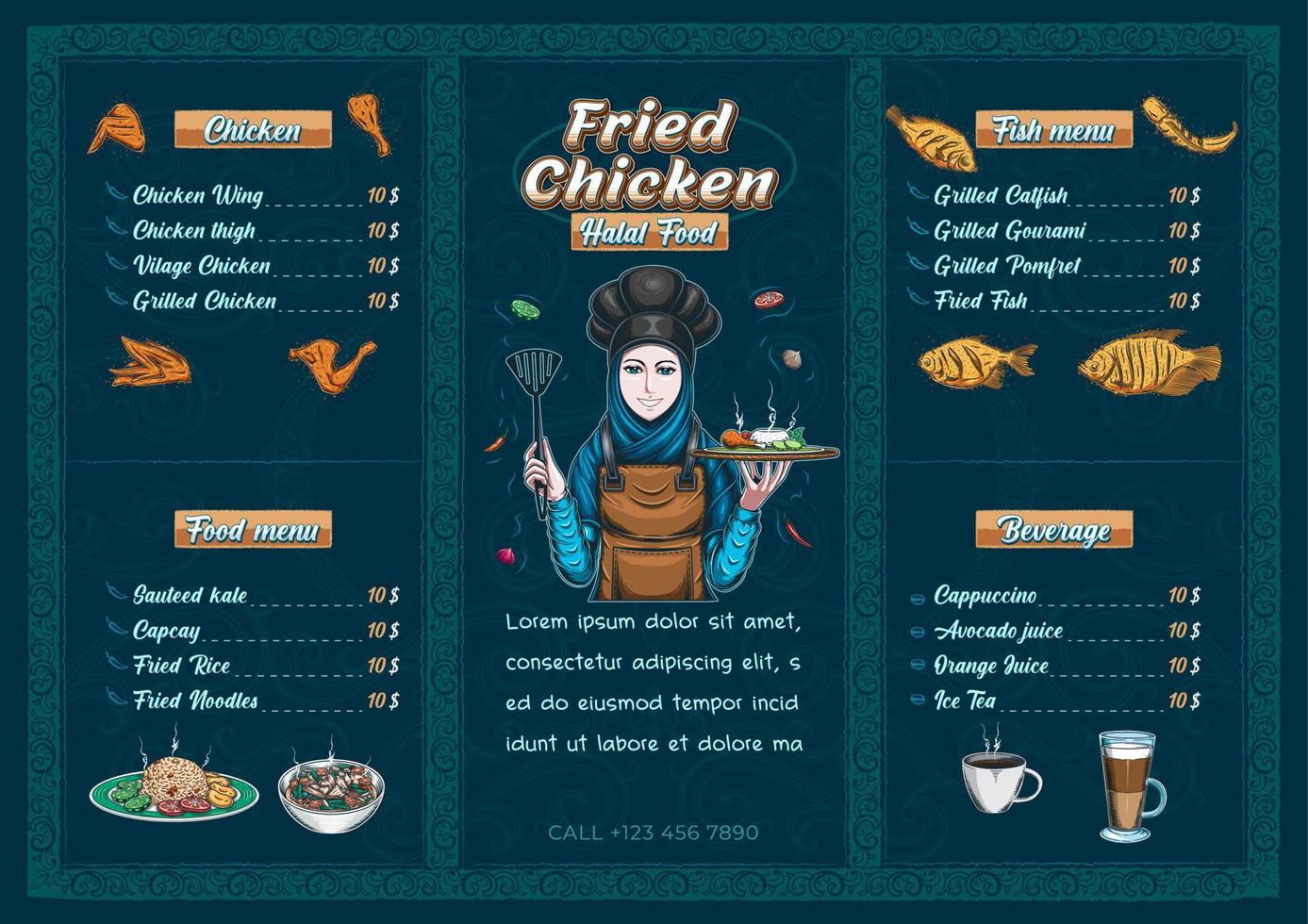 modello di menu di pollo fritto, cibo halal vettore