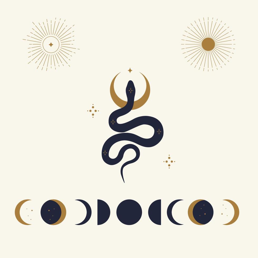serpente magico con luna, stella e mezzelune. simboli mistici in stile minimalista alla moda su sfondo chiaro. scena minimalista cosmica con serpente, ramo, corpi celesti. vettore