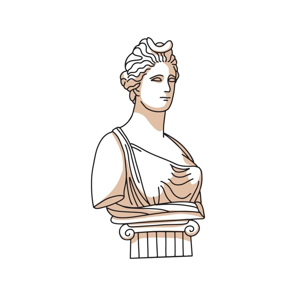profilo femminile antico femminile in piedi su colonna greca. disegno vettoriale piatto greco in colori pastello. design tenero femminile.