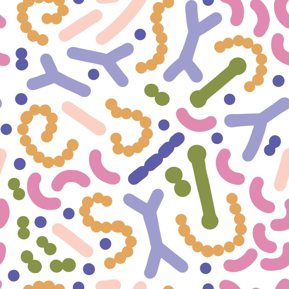 modello senza cuciture del microbioma. sfondo di batteri probiotici con lactobacillus, bifidobacteria, acidophilus. illustrazione vettoriale semplice piatta.
