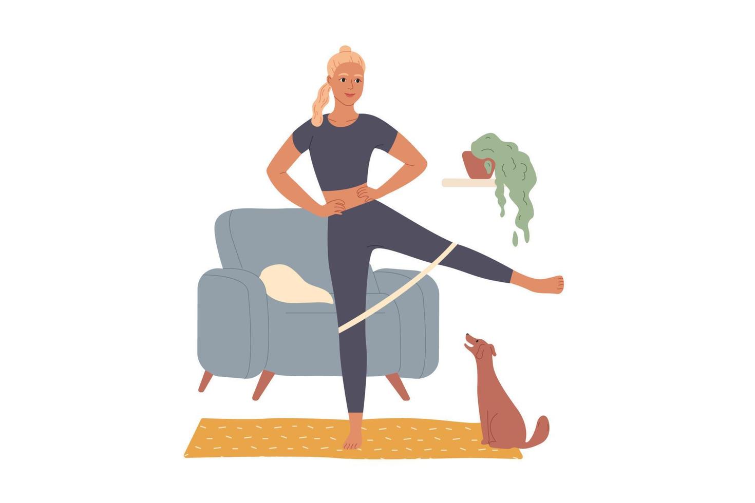 la donna si allena a casa, facendo esercizi per le gambe superando la resistenza dell'elastico. vettore