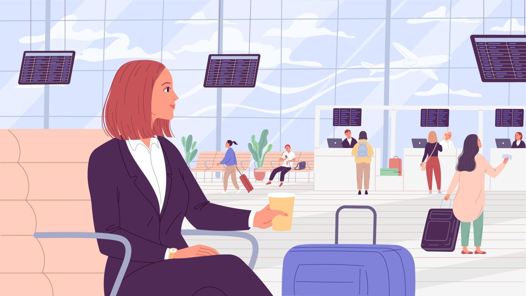 la donna si siede nell'area di attesa dell'aeroporto. viaggio di lavoro. vettore