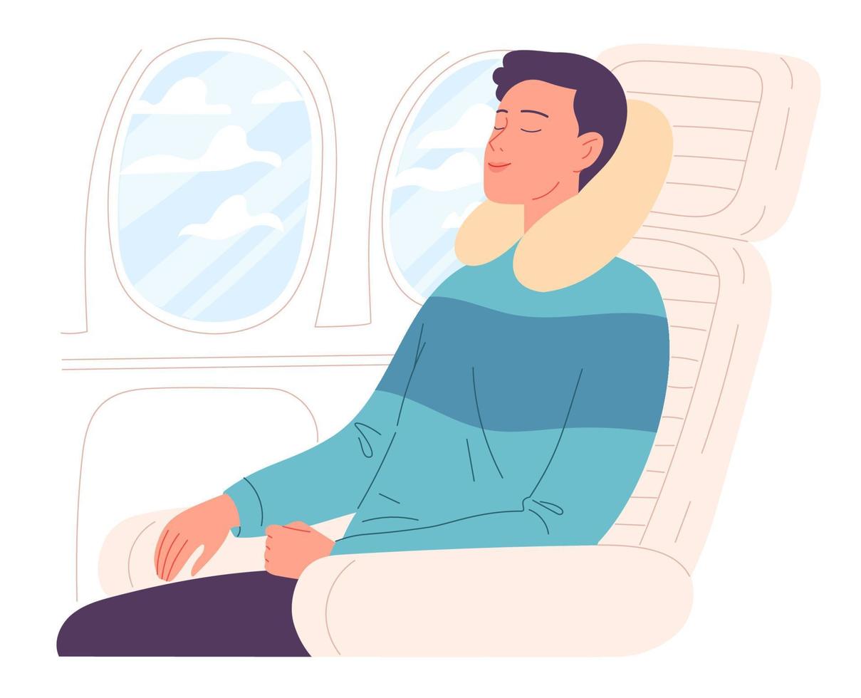 il giovane dorme sull'aereo. illustrazione. vettore