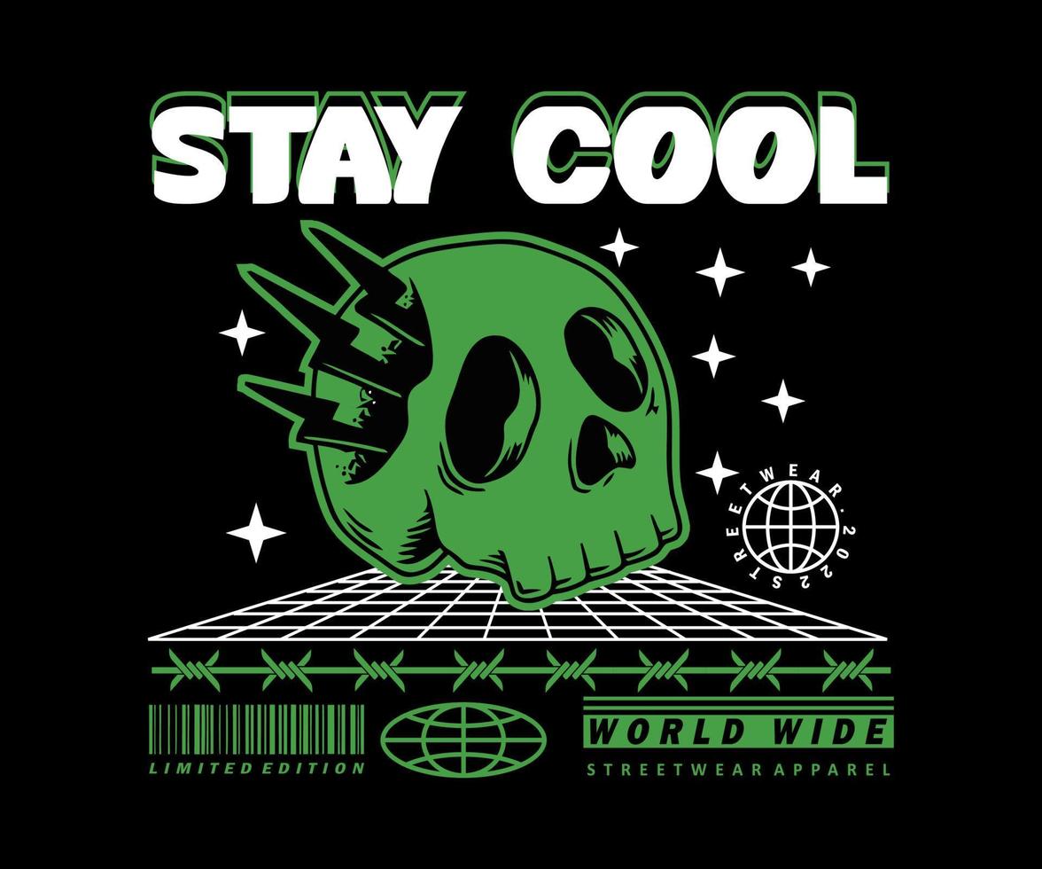 design grafico per t-shirt, con scritta stay cool, per street wear, moda vintage e urban style vettore