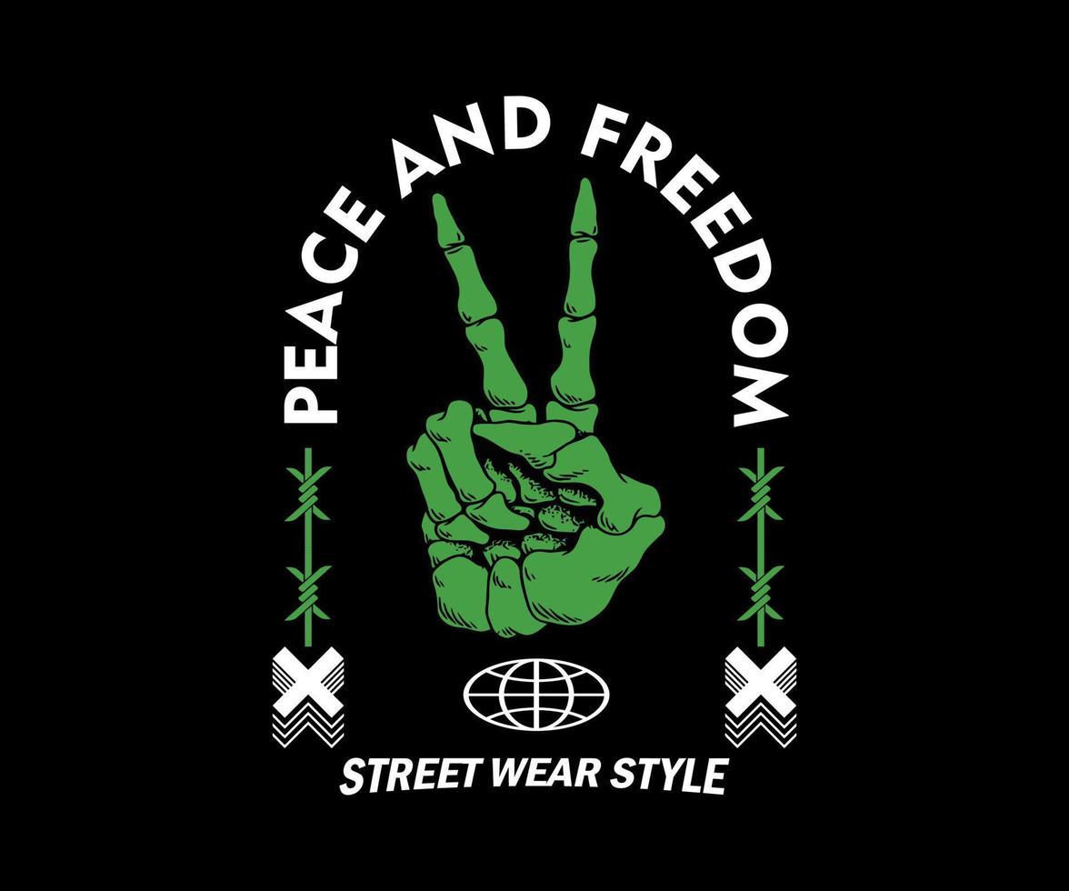 design grafico per t-shirt, con testo pace e libertà, per street wear, moda vintage e stile urbano vettore