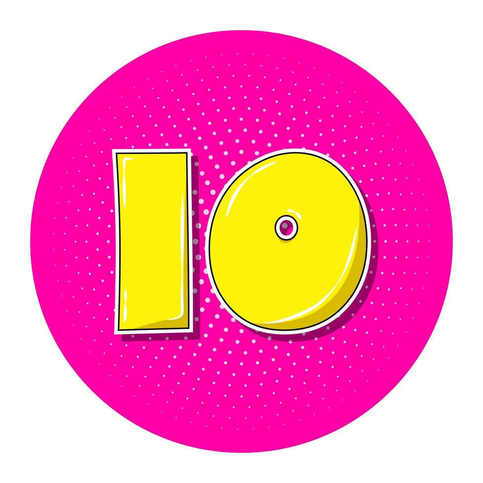 pop art giallo numero 10 su cerchio punteggiato rosa. vettore