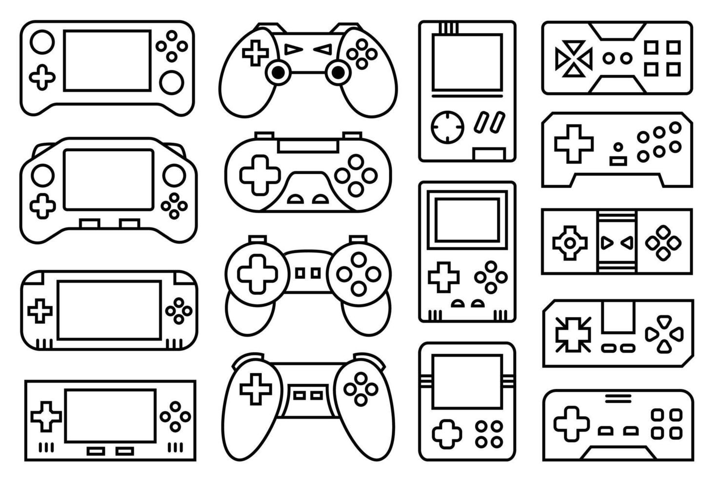 set di illustrazioni di gadget per videogiochi in bianco e nero. collezione di controller per videogiochi wireless e console di gioco portatili, con linea sottile nera. illustrazione vettoriale di contorno.