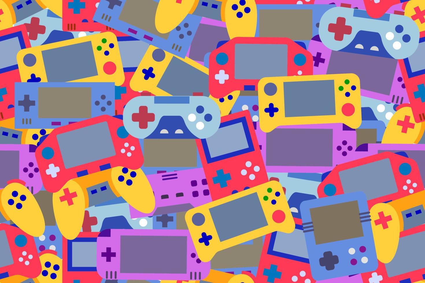 pattern ripetuto e senza interruzioni con i dispositivi di gioco. console portatili gialle, rosse, blu, viola e controller per videogiochi wireless remoti, motivo colorato senza cuciture. vettore