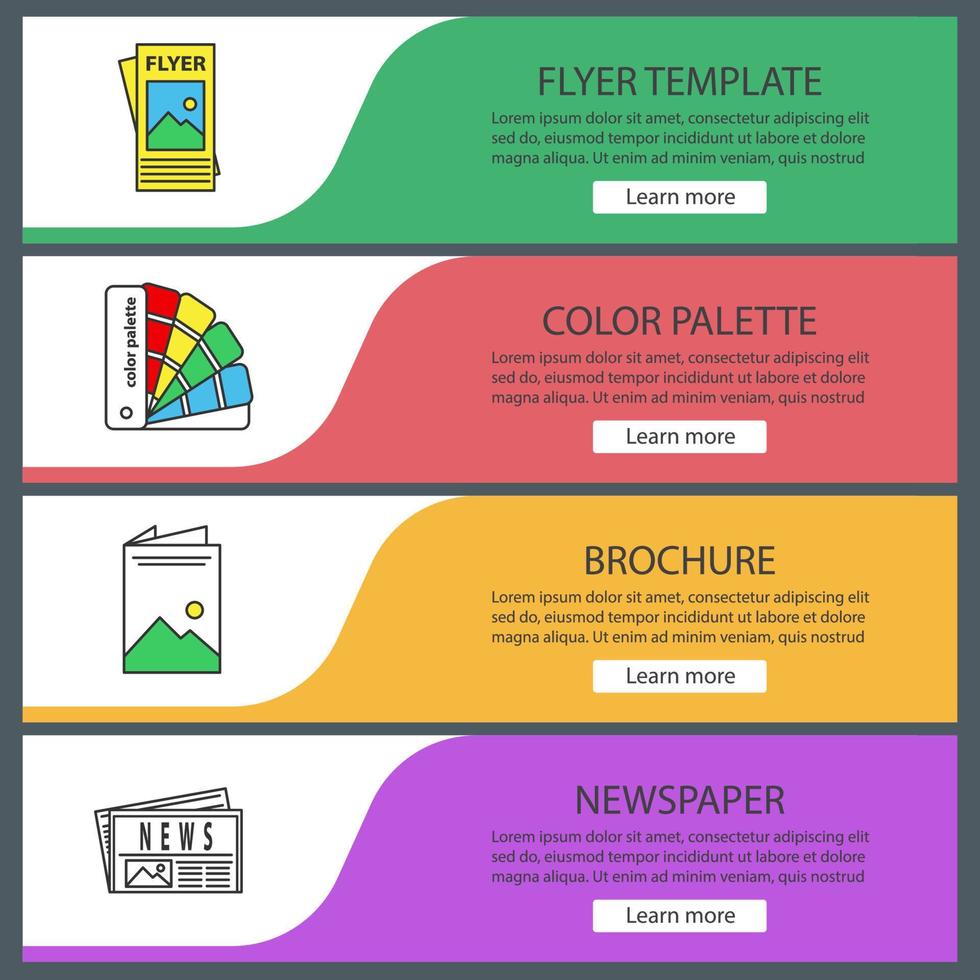 set di modelli di banner web per la stampa. poligrafia e tipografia. modello di volantino, tavolozza dei colori, brochure, giornale. voci di menu a colori del sito Web. concetti di progettazione di intestazioni vettoriali