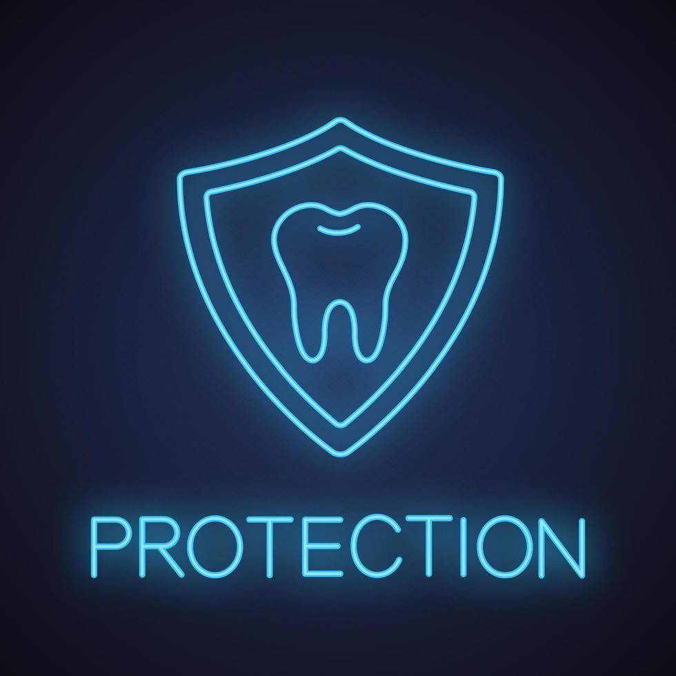 icona della luce al neon per la protezione dei denti. segno luminoso di stomatologia. dente all'interno dello scudo. illustrazione vettoriale isolato