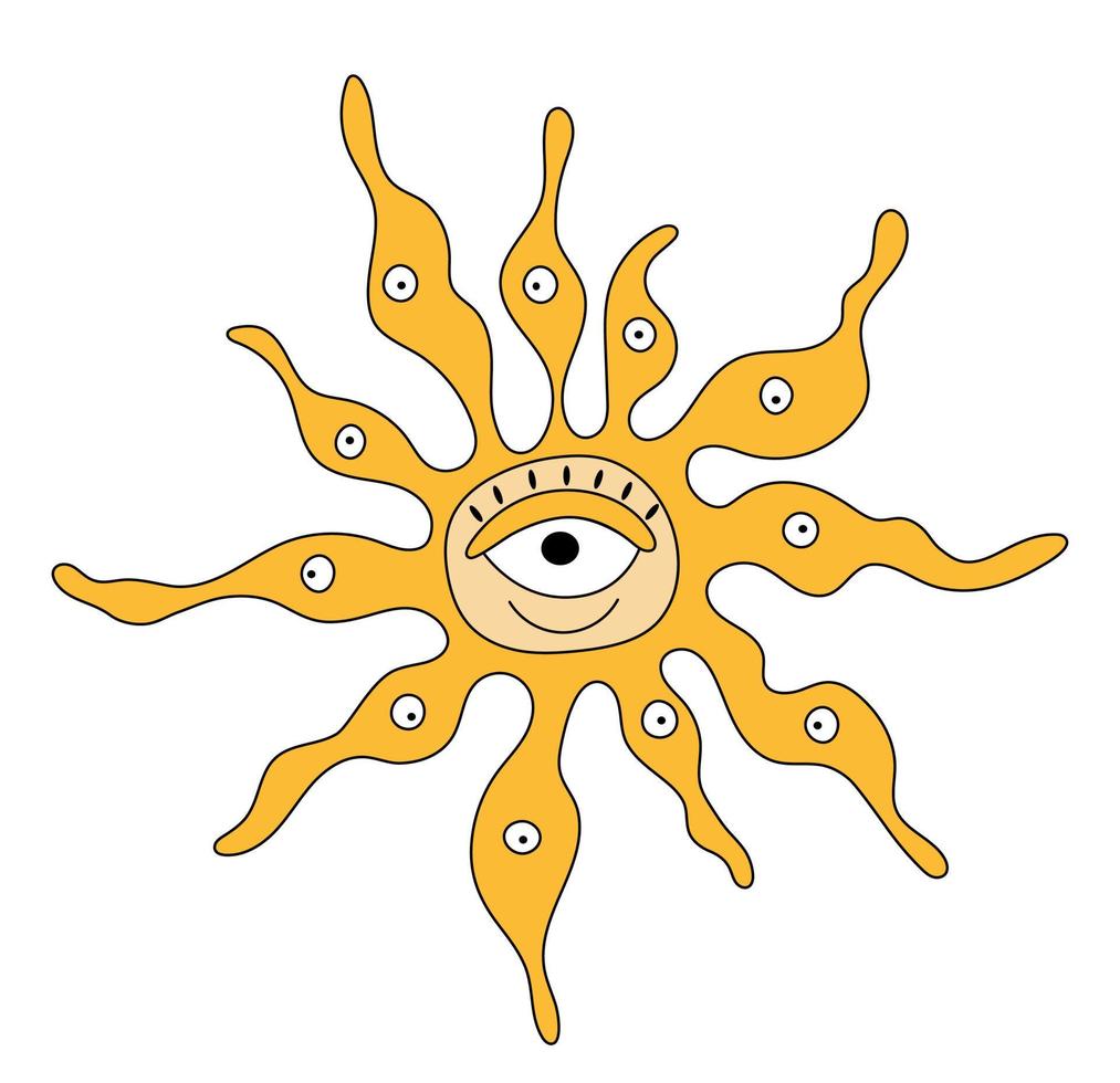 sole sorridente hippie con elemento di design sole psichedelico doodle retrò occhi vettore