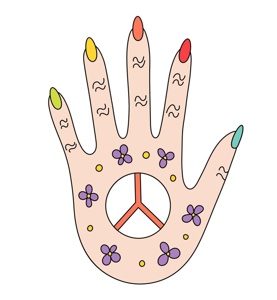 doodle retrò mano hippie con chiodi colorati fiori e segno di pace vettore