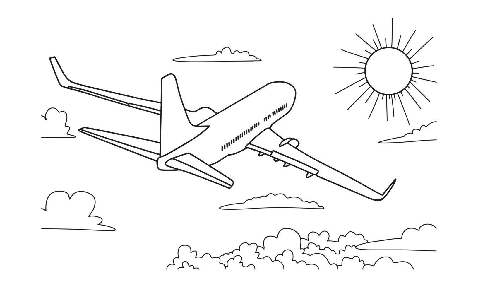 illustrazione di vettore di arte della linea di disegno dell'aeroplano per il libro da colorare. disegno dell'aeroplano del fumetto per libro da colorare per bambini e bambini. schizzo disegno artistico per libro da colorare. caccia ed elicottero.