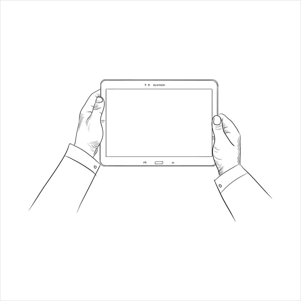 tablet con illustrazione di disegno di schizzo di mani. mano che tiene una scheda mobile nello schizzo. toccando la mano sulla schermata della scheda nell'illustrazione dello schizzo. vettore