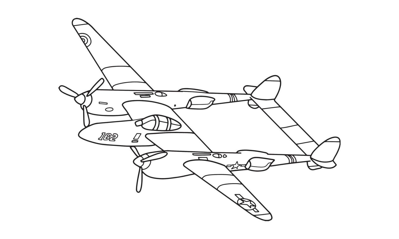 illustrazione di vettore di arte della linea di disegno dell'aeroplano per il libro da colorare. disegno dell'aeroplano del fumetto per libro da colorare per bambini e bambini. schizzo disegno artistico per libro da colorare. caccia ed elicottero.