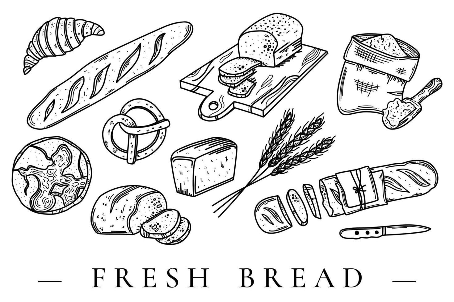illustrazioni del set di doodle disegnate a mano di vettore del pane. collezione incisa di prodotti da forno per alimenti al glutine isolata su sfondo bianco.