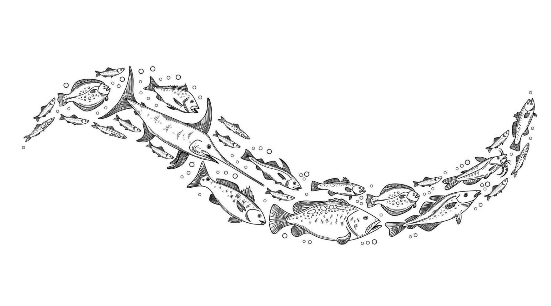 composizione dell'onda di pesce. gregge di pesci decorativo. illustrazione vettoriale di banco di pesce