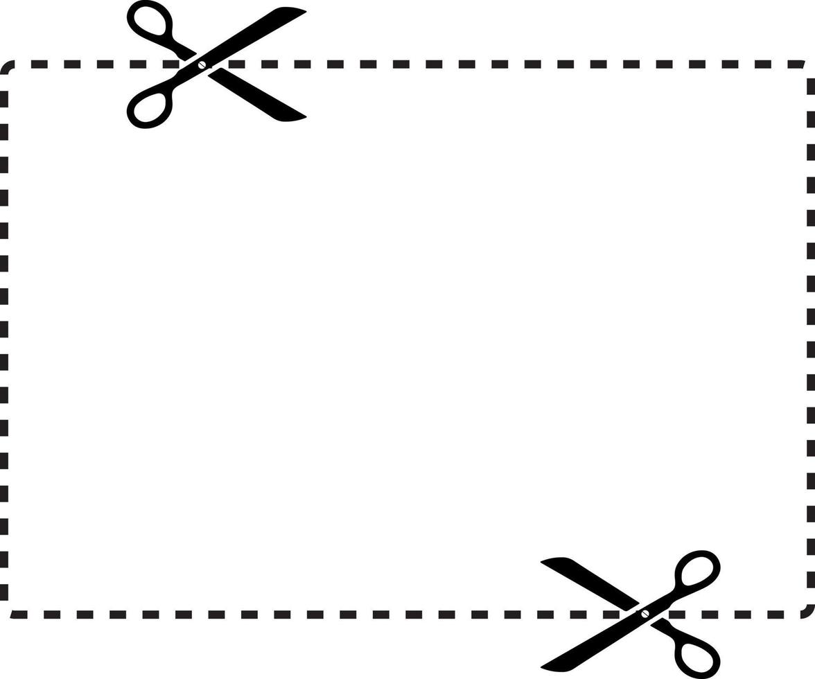 le forbici tagliano lungo il contorno su uno sfondo bianco. ritagliare la forma del rettangolo del bordo del coupon. forbici che tagliano la linea quadrata. vettore