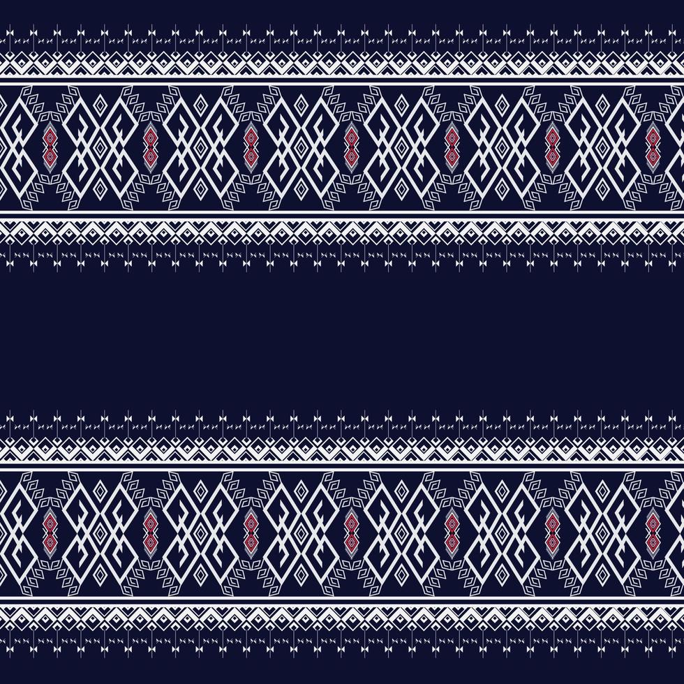 ricamo geometrico a trama etnica con sfondo blu scuro utilizzato in carta da parati e gonna, moquette, carta da parati, abbigliamento, avvolgimento, batik, tessuto, vettore di fogli, illustrazione rosso e bianco senza cuciture