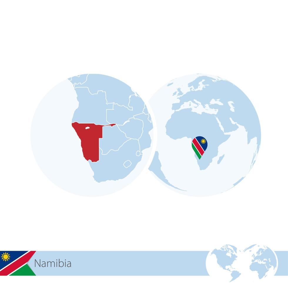 namibia sul globo del mondo con bandiera e mappa regionale della namibia. vettore