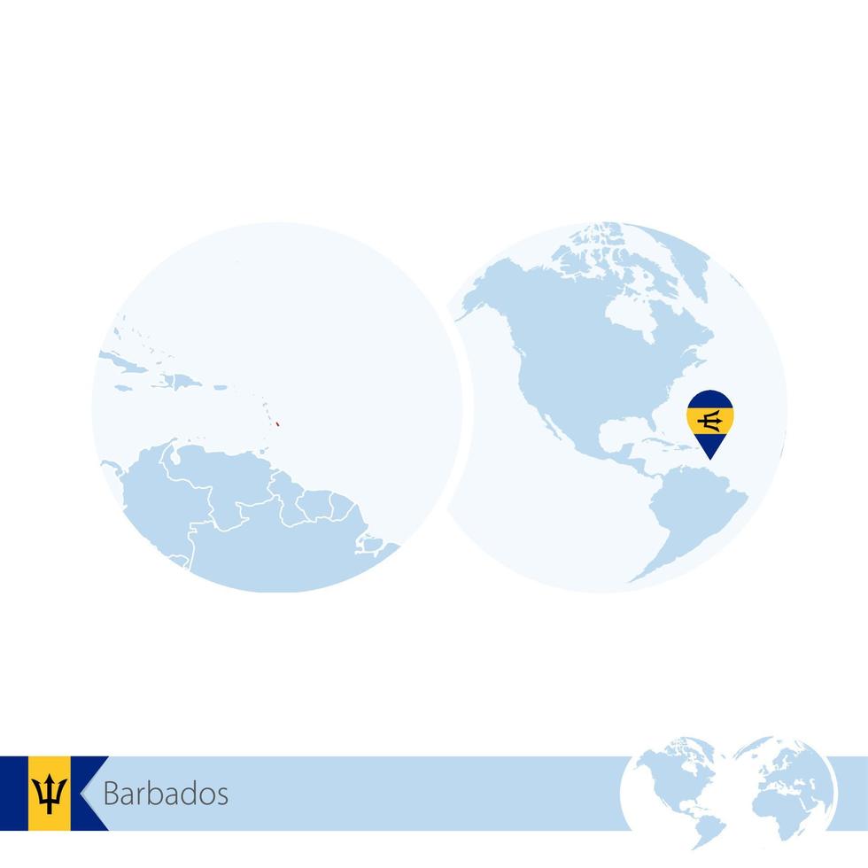 barbados sul globo del mondo con bandiera e mappa regionale delle barbados. vettore