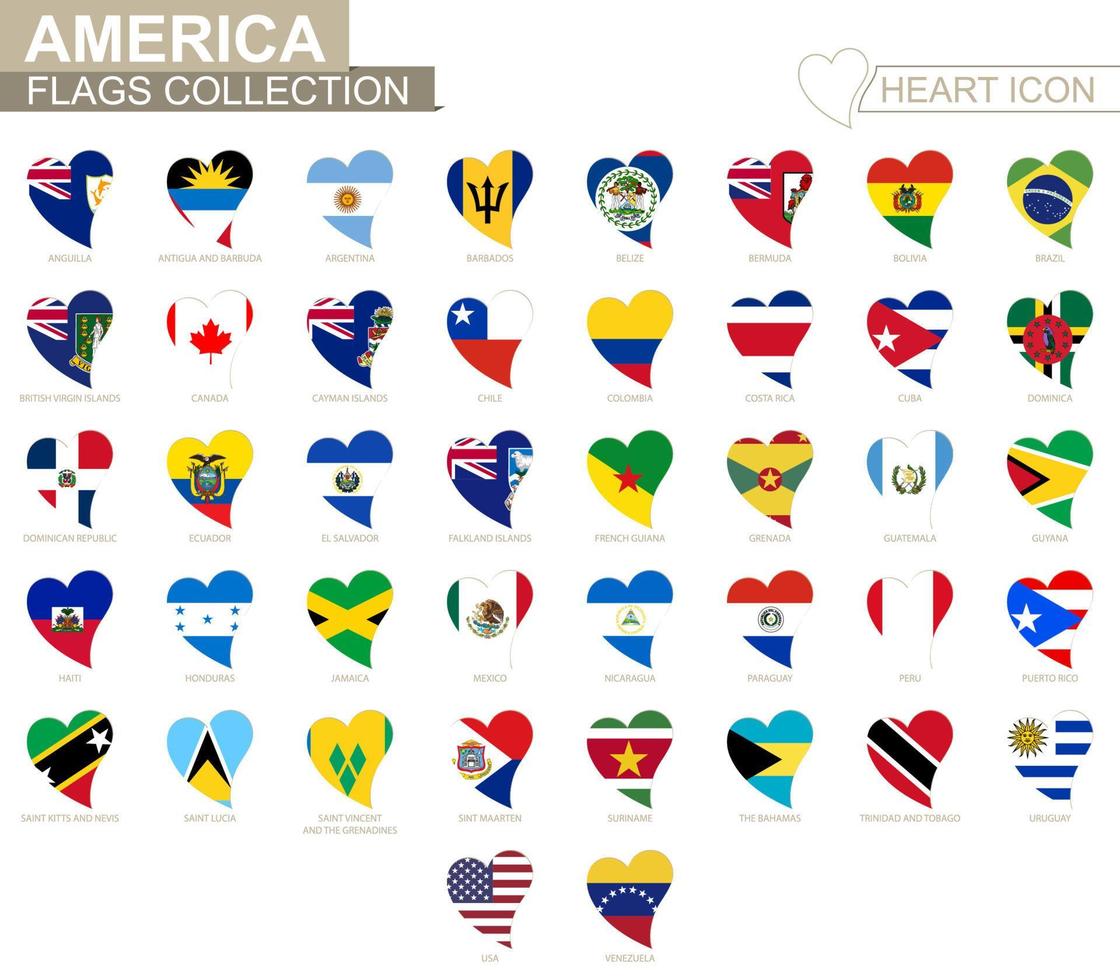 raccolta di bandiere vettoriali dei paesi americani. insieme dell'icona del cuore.