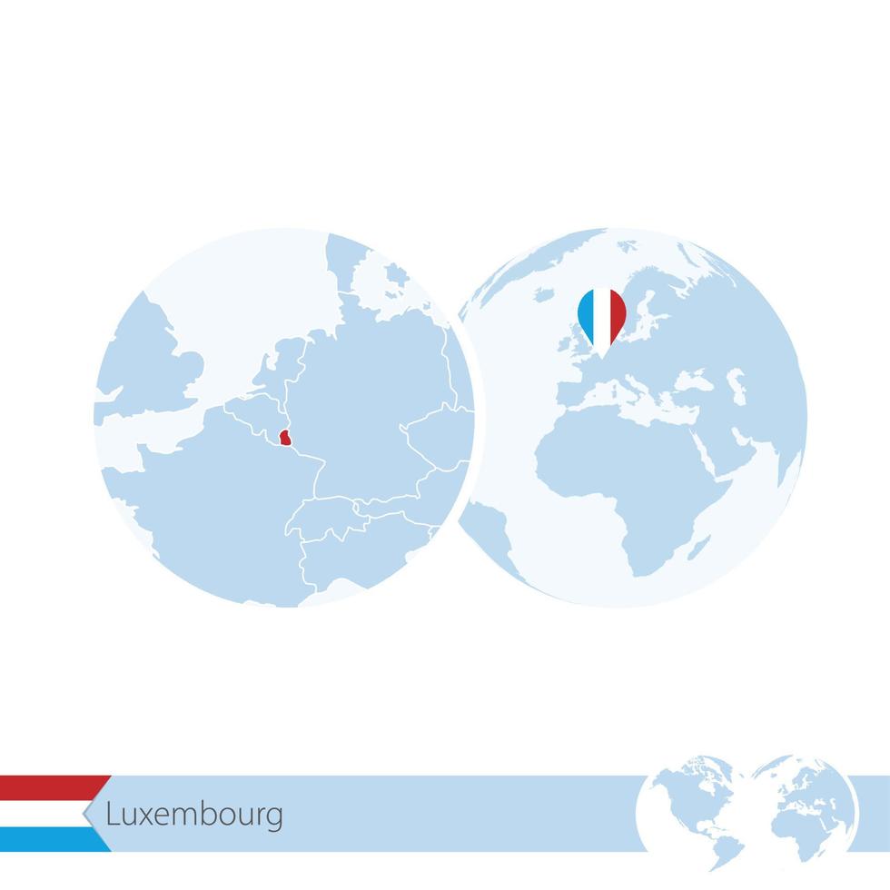 lussemburgo sul globo del mondo con bandiera e mappa regionale del lussemburgo. vettore