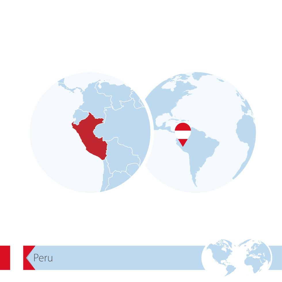 perù sul globo del mondo con bandiera e mappa regionale del perù. vettore