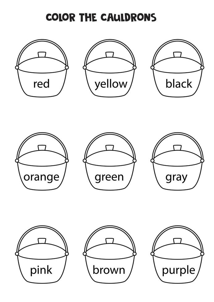 leggere nomi di colori e calderoni di colore. foglio di lavoro educativo. vettore