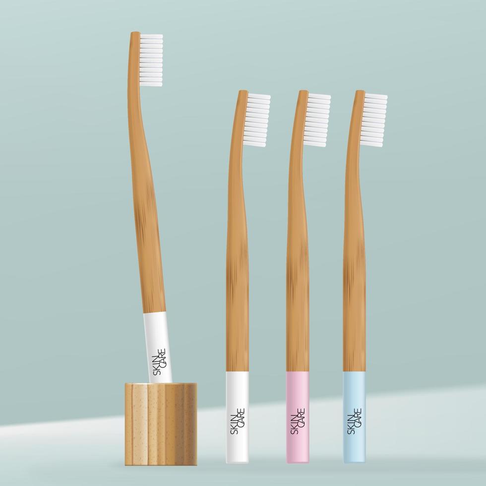 illustrazione dello spazzolino vettoriale in bambù o manico in legno con supporto minimo per spazzolino.