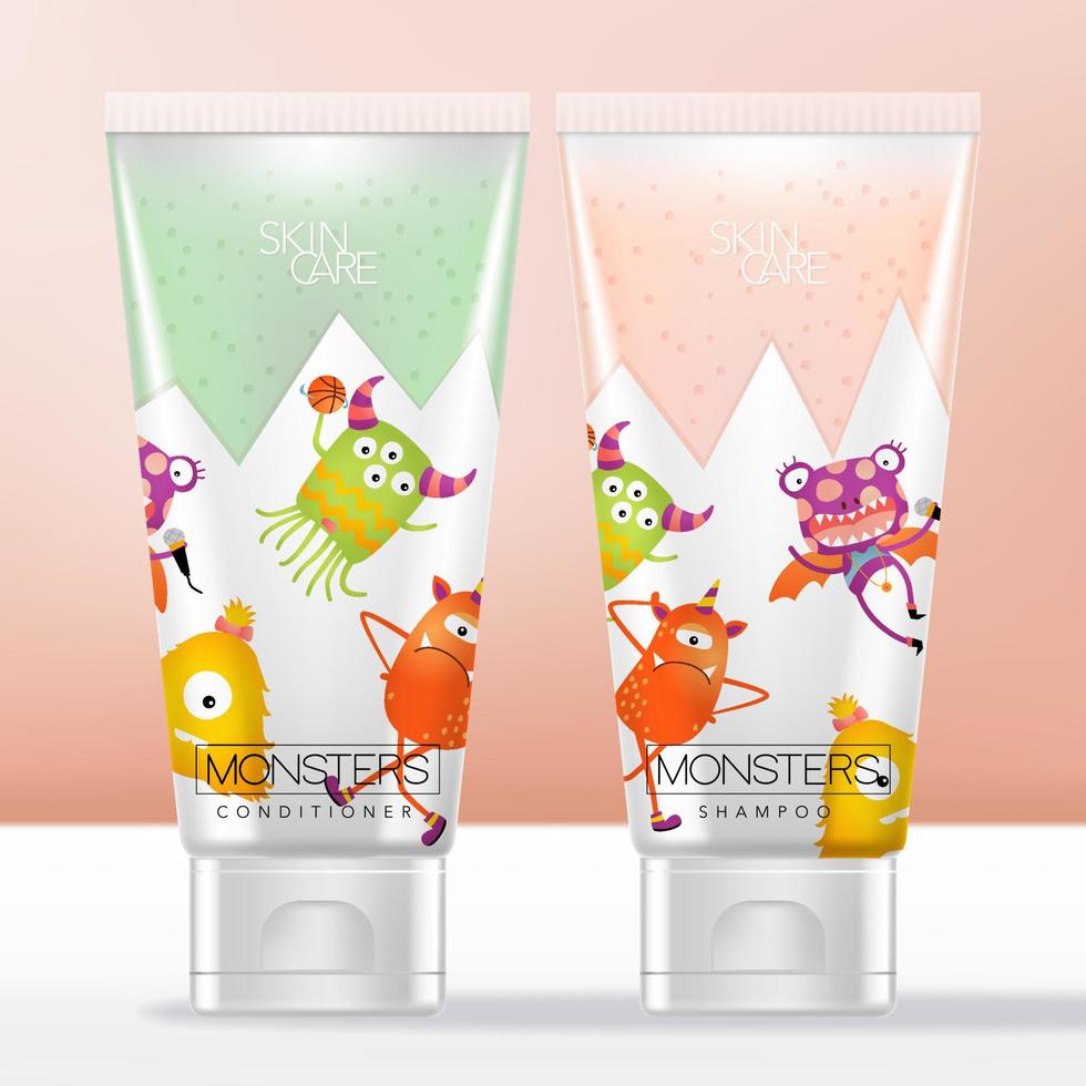 vettore shampoo e balsamo per bambini e articoli da toeletta tubo semitrasparente con motivo di mostri cartoni animati stampato.