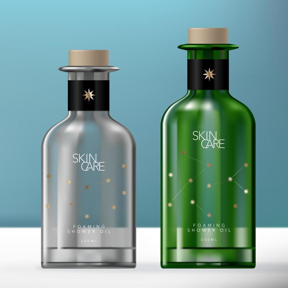 bottiglia di vetro colorato di verde e grigio vettoriale con tappo con motivo a stella in lamina d'oro e stampa bianca. contenitore per olio essenziale o da bagno.