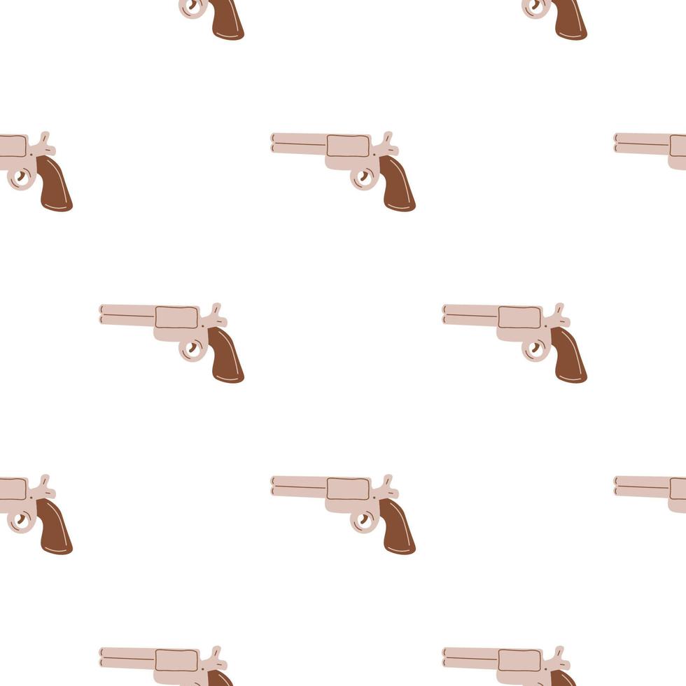 revolver del modello senza cuciture della pistola. tema del selvaggio west. stampa vettoriale alla moda colorata disegnata a mano. immagine dei bambini dei cartoni animati.