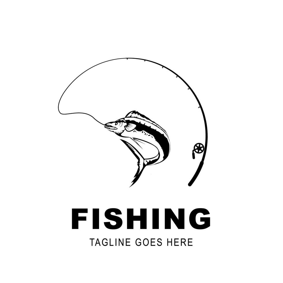 logo di pesca, illustrazione in bianco e nero di un pesce a caccia di esche. emblema di pesca vettore