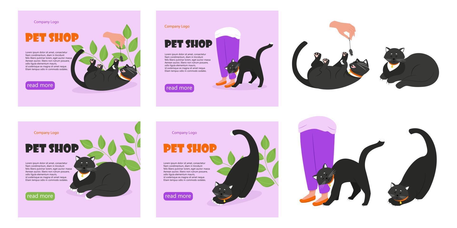 set di banner per negozi di animali. gatto nero con un collare. illustrazione vettoriale in stile piatto