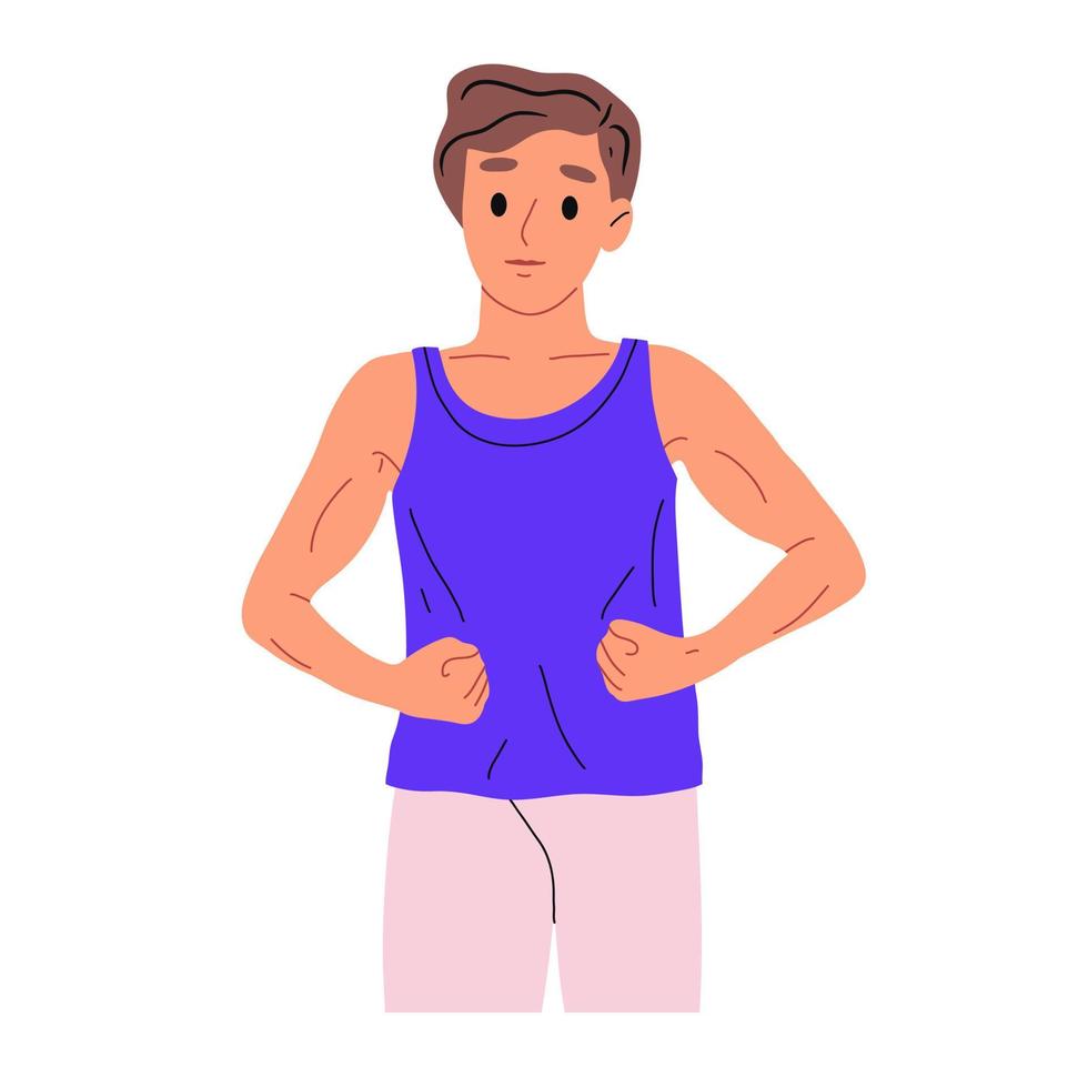 uomo forte che mostra i suoi muscoli. uomo atletico in abbigliamento sportivo. stile di vita sano, corpo atletico. illustrazione vettoriale piatta