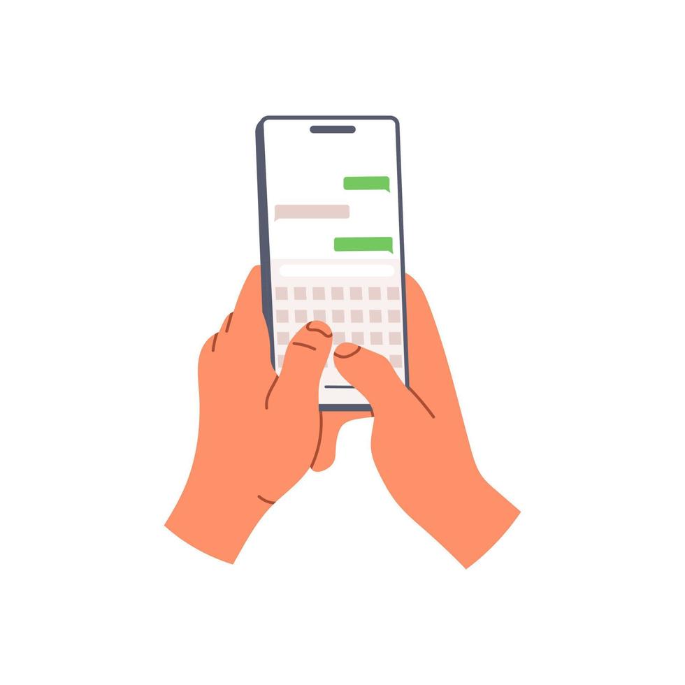 mano che tiene il telefono con l'app per la chat di messaggistica. utilizzando lo schermo dello smartphone con l'applicazione per la comunicazione con la famiglia. social media. illustrazione vettoriale piatta isolata su sfondo bianco