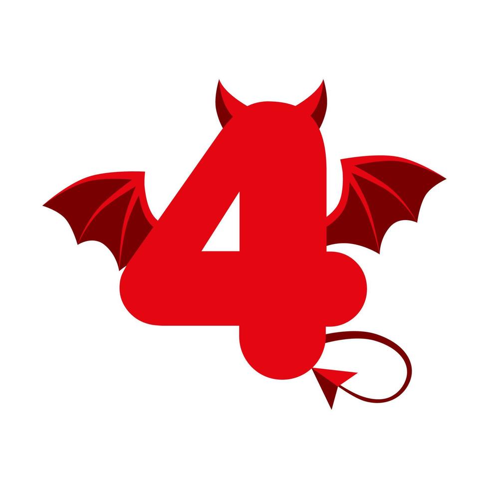 diavolo rosso 4 numero con le ali per i giochi dell'interfaccia utente.. spaventoso demone cartone animato scuro quattro. vettore