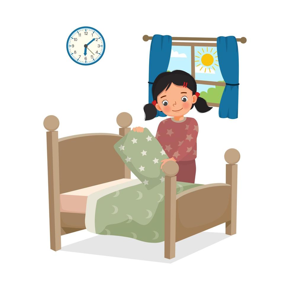 bambina carina che fa il letto sistemando il cuscino e il copriletto ordinatamente facendo le faccende domestiche al mattino a casa vettore