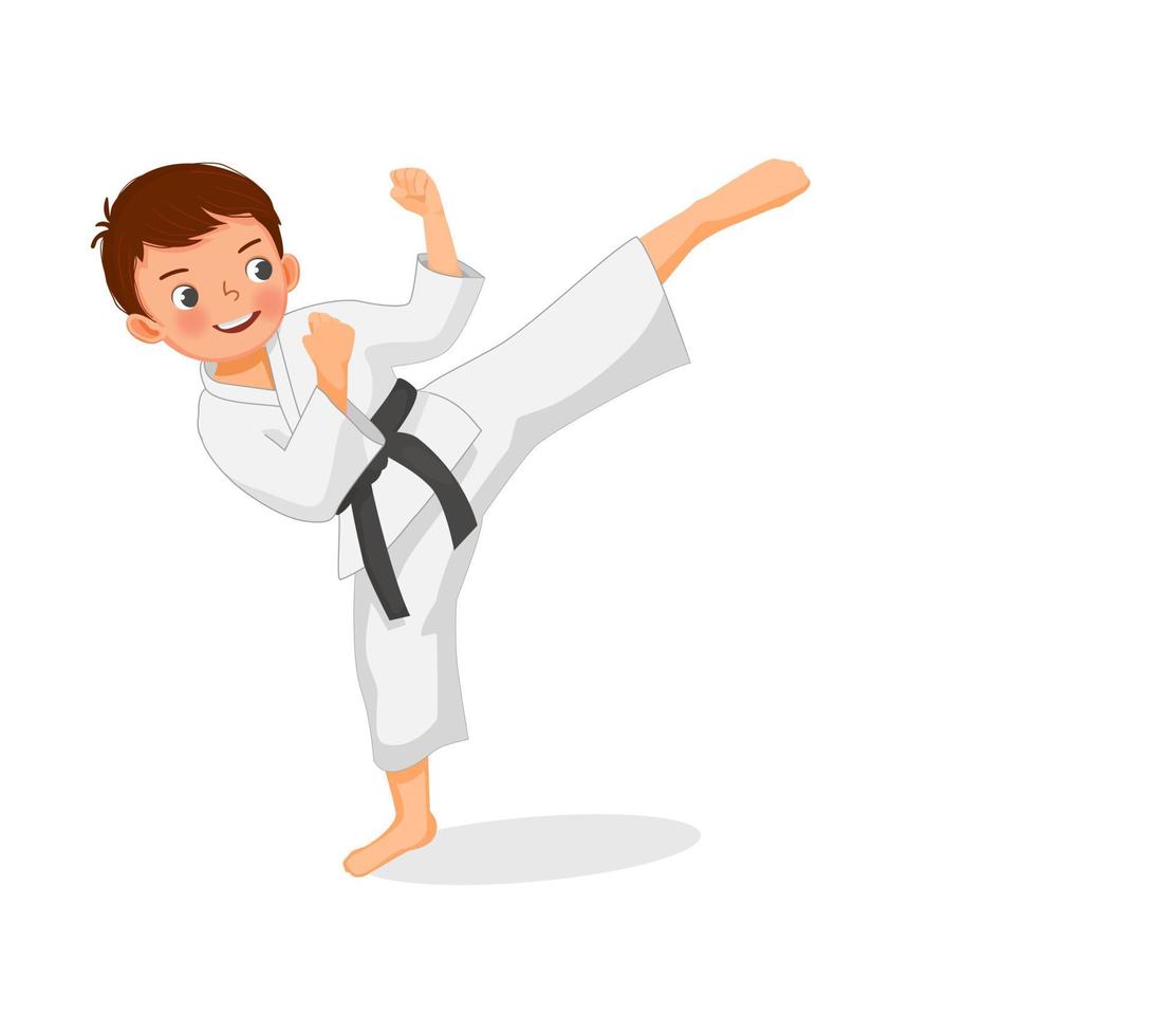 carino ragazzino di karate con cintura nera che mostra tecniche di attacco di calci pone nella pratica di allenamento di arti marziali vettore