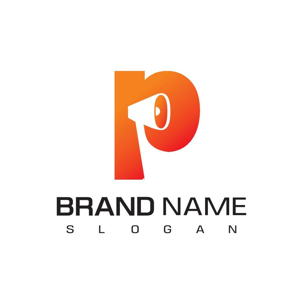 lettera p, design del logo dell'altoparlante per il simbolo della società pubblicitaria vettore