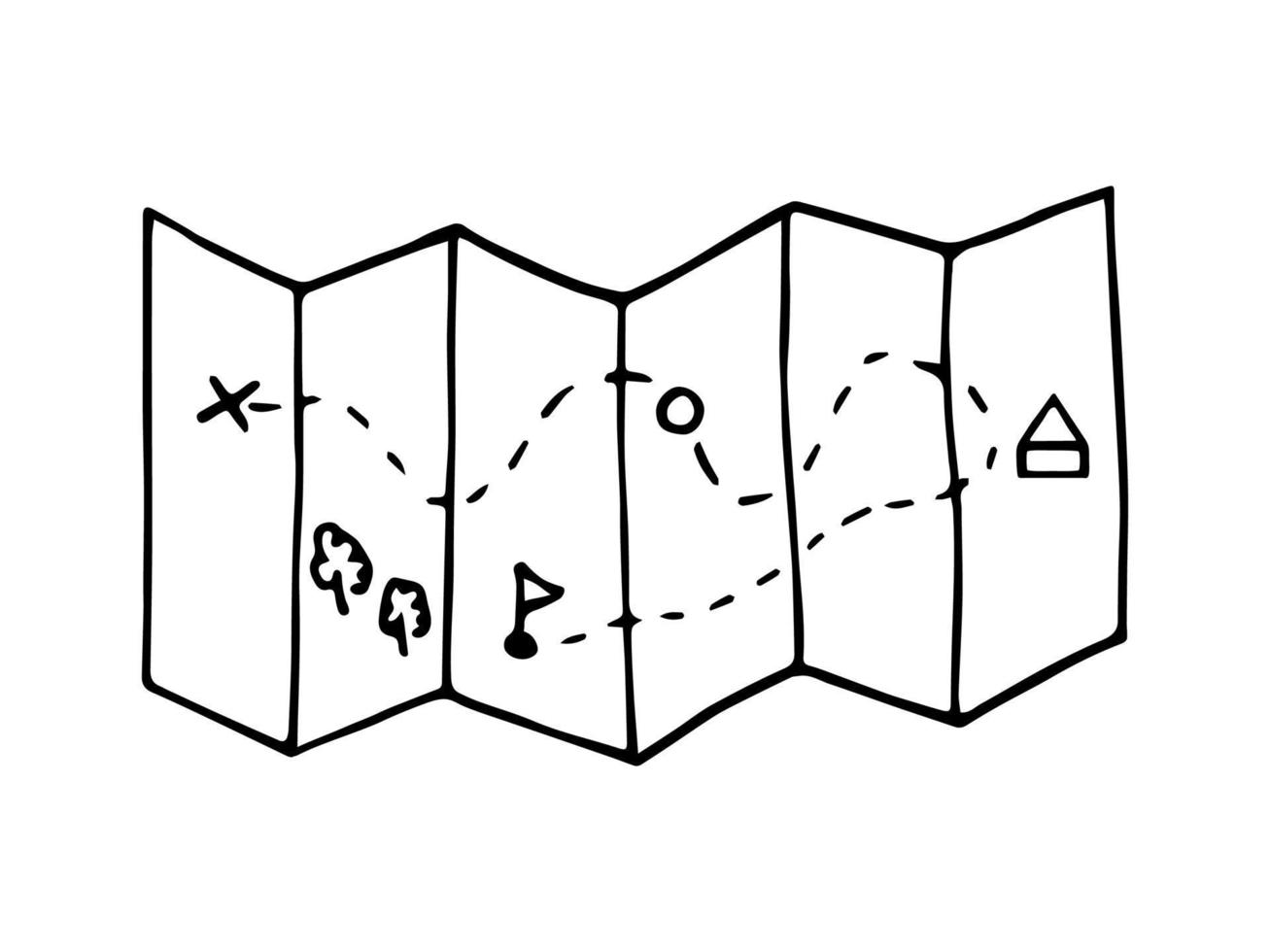 mappa di carta doodle disegnata a mano. mappa piegata in bianco e nero vettoriale. schema. vettore