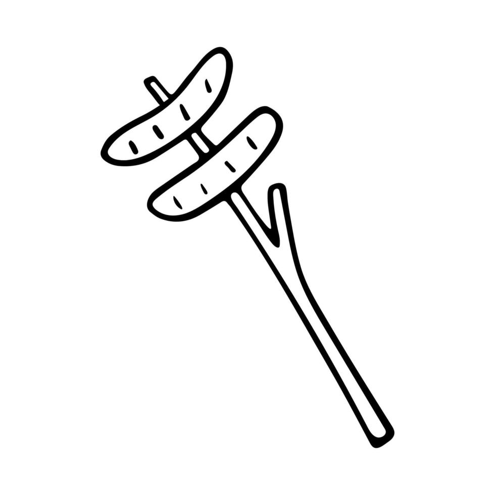 salsicce da campeggio doodle disegnate a mano. salsicce fritte di vettore su un bastone. schema.