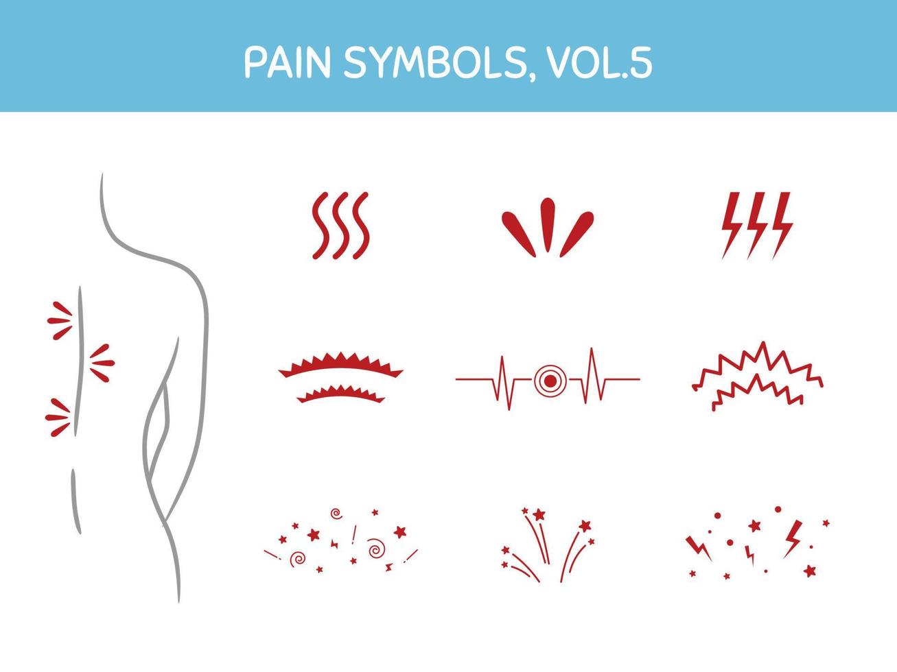 set di marcatori del dolore per illustrazioni, design a tema medico e sanitario. icone assortite che mostrano il focus del dolore, i punti trigger e le aree dolenti del corpo. elementi vettoriali, isolati su bianco. vettore